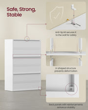 Stability diagram showing the anti-tip wall-fixing kit, H-shaped structure and reinforced back panel