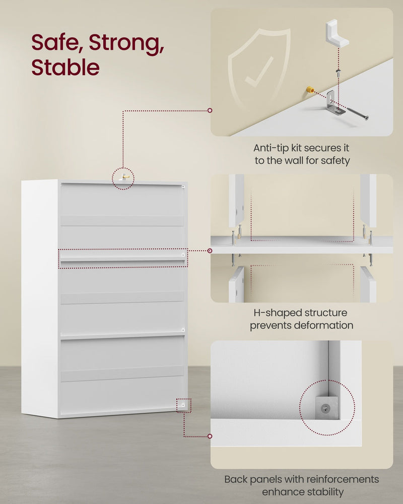 Stability diagram showing the anti-tip wall-fixing kit, H-shaped structure and reinforced back panel