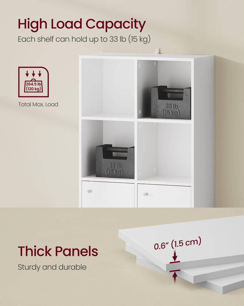 Load capacity diagram showing each shelf rated to 15 kg and 1.5 cm thick panels