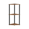 Rustic brown 3-tier corner shelf with black steel tubes on a white background