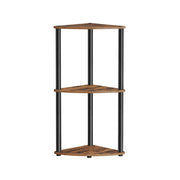 Rustic brown 3-tier corner shelf with black steel tubes on a white background
