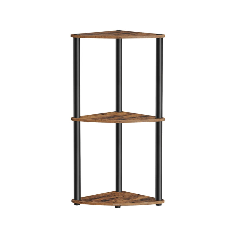 Rustic brown 3-tier corner shelf with black steel tubes on a white background