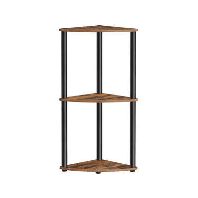 Rustic brown 3-tier corner shelf with black steel tubes on a white background