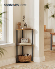 Corner shelf styled in a living room corner with books, a clock and a woven basket