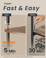 Panel comparing 5-minute tool-free assembly with 30 minutes of screwing for others