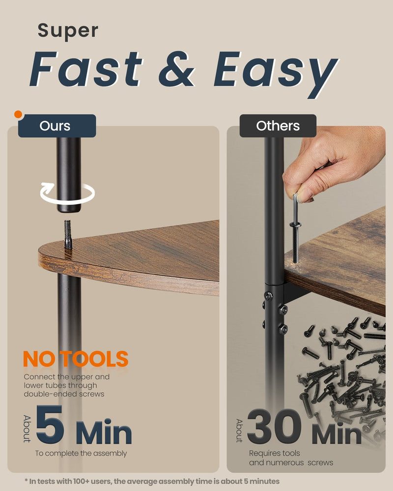 Panel comparing 5-minute tool-free assembly with 30 minutes of screwing for others