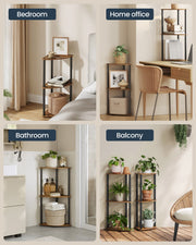 Corner shelf shown in a bedroom, home office, bathroom and on a balcony