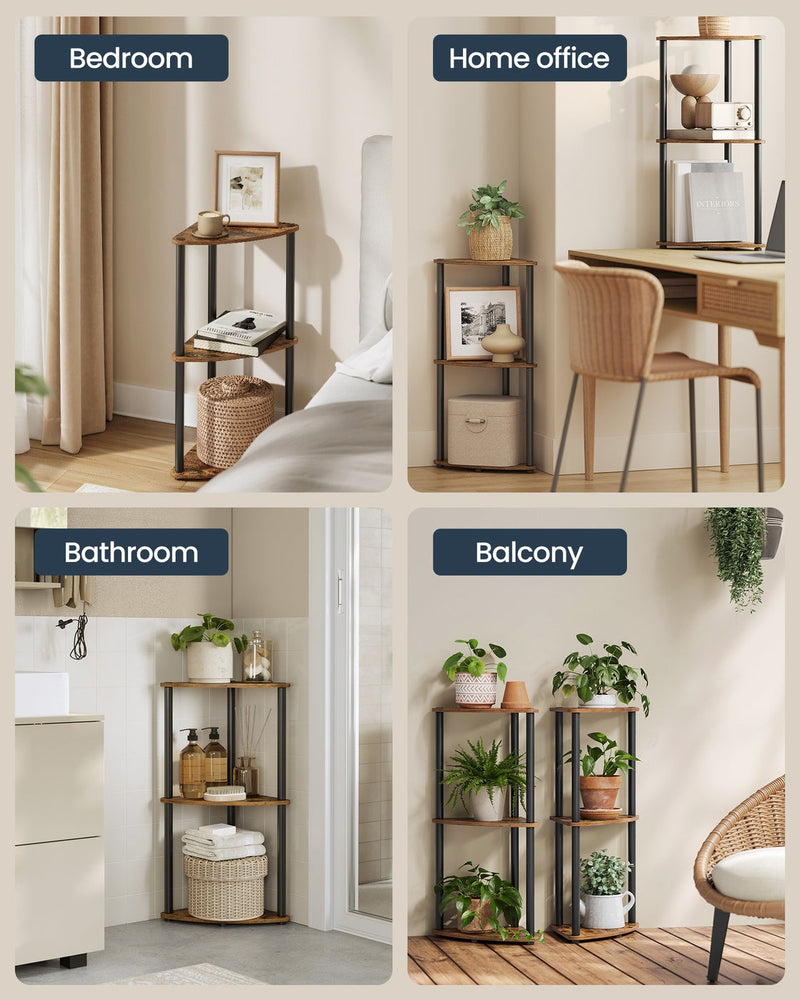 Corner shelf shown in a bedroom, home office, bathroom and on a balcony