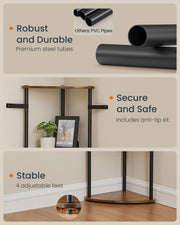 Close-ups of the steel tubes, the included anti-tip kit and four adjustable feet