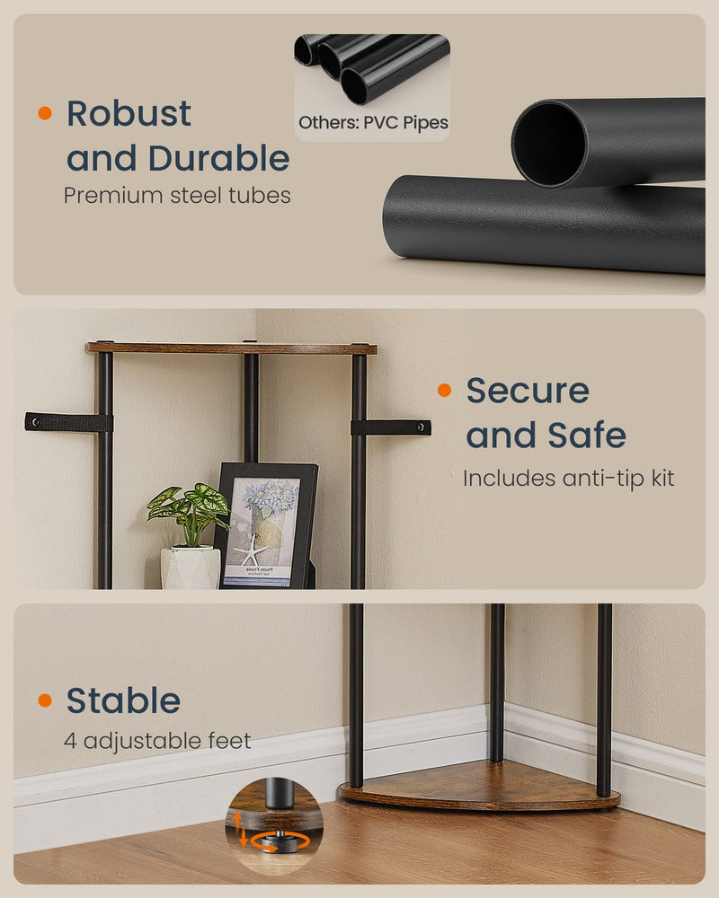 Close-ups of the steel tubes, the included anti-tip kit and four adjustable feet