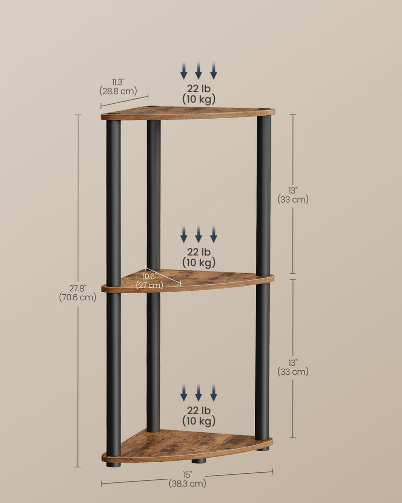 Dimension diagram showing 38.3 x 27 x 70.6 cm with 10 kg per shelf