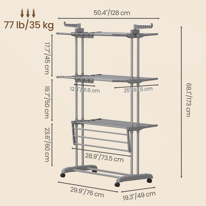 Dimensions diagram of the grey clothes airer, 128 x 63.5 x 173 cm, 35 kg load