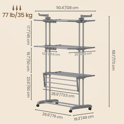 Dimensions diagram of the grey clothes airer, 128 x 63.5 x 173 cm, 35 kg load