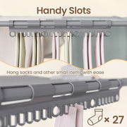 Close-up of the rail slots used to hang 27 pairs of socks and small items