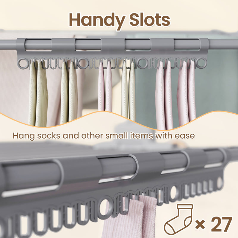 Close-up of the rail slots used to hang 27 pairs of socks and small items