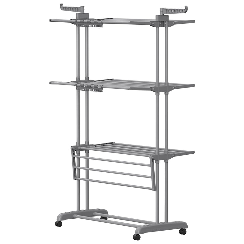 Grey 3-tier clothes airer shown empty from the front on a white background