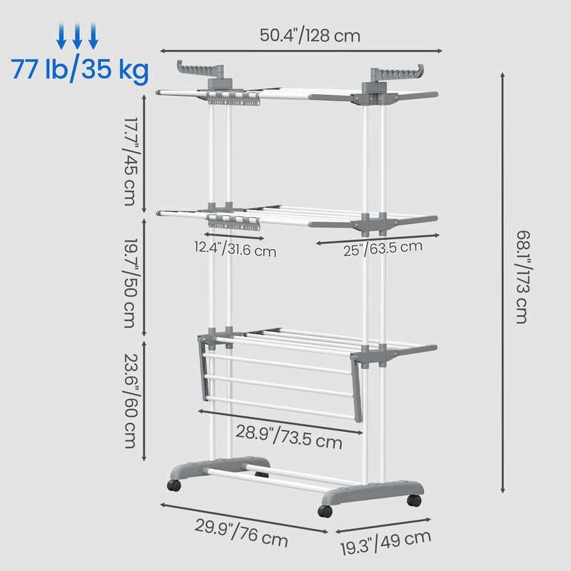 Dimensions diagram of the white clothes airer, 128 x 63.5 x 173 cm, 35 kg load
