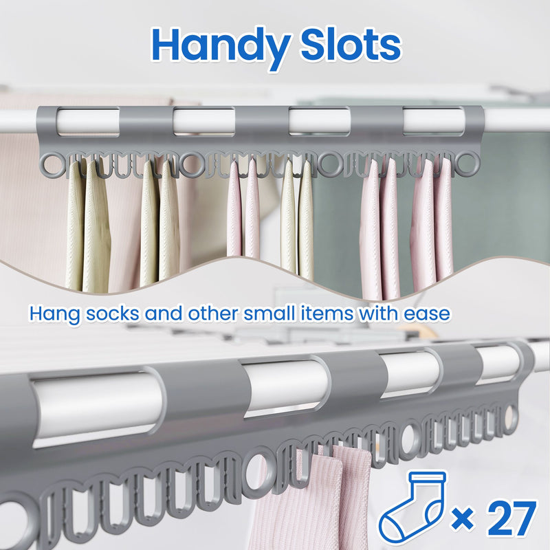 Close-up of the rail slots used to hang 27 pairs of socks and small items