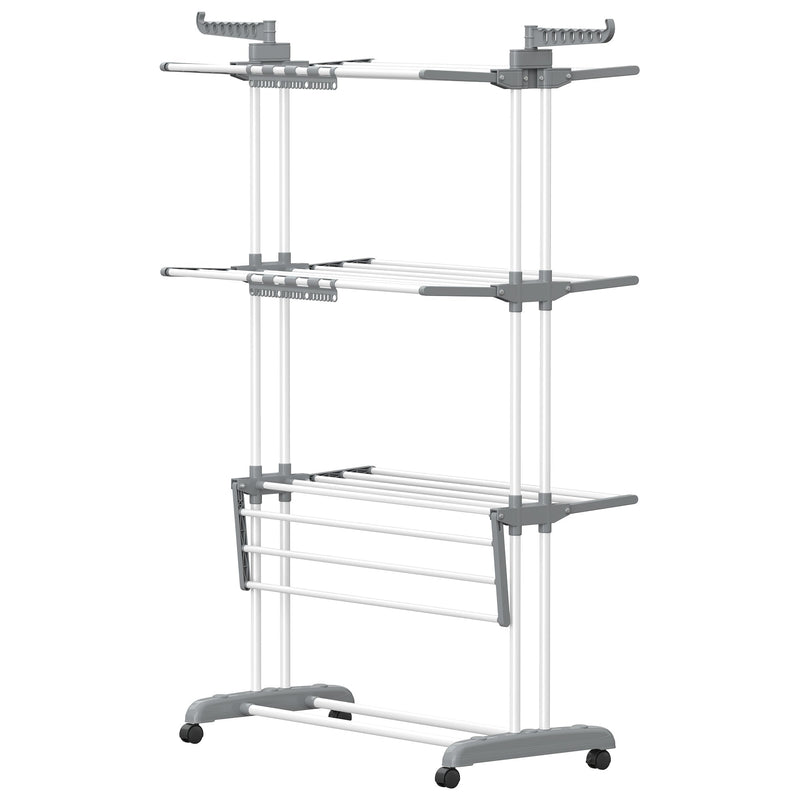 White 3-tier clothes airer shown empty from the front on a white background