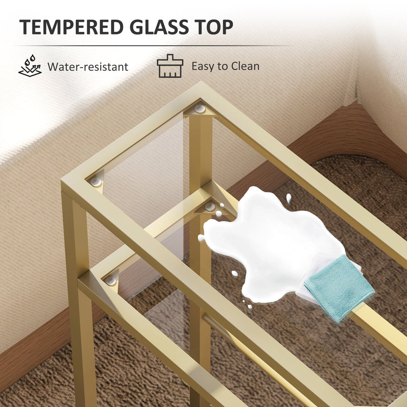 Close-up of the tempered glass shelf with a water-resistant, easy-to-clean callout