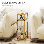 Slim side table fitted neatly between two cream armchairs, labelled space-saving design