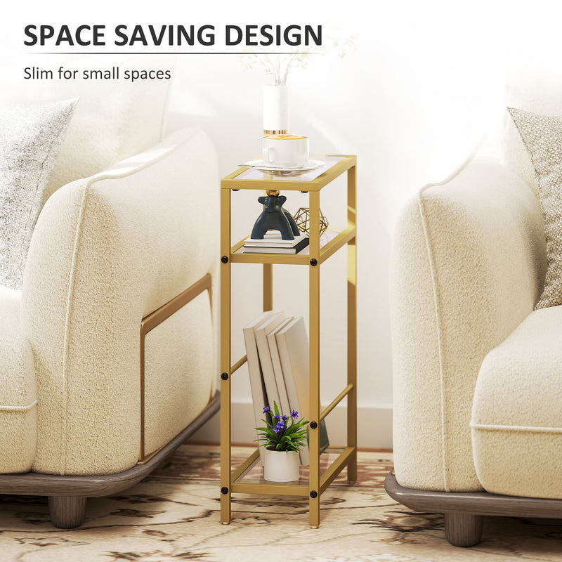 Slim side table fitted neatly between two cream armchairs, labelled space-saving design