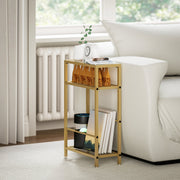 Gold side table by a window styled with a clock, gift bags and a smart speaker