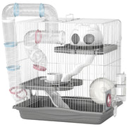 Pawhut grey 3-tier hamster cage with tunnels, hut and exercise wheel on a plain background