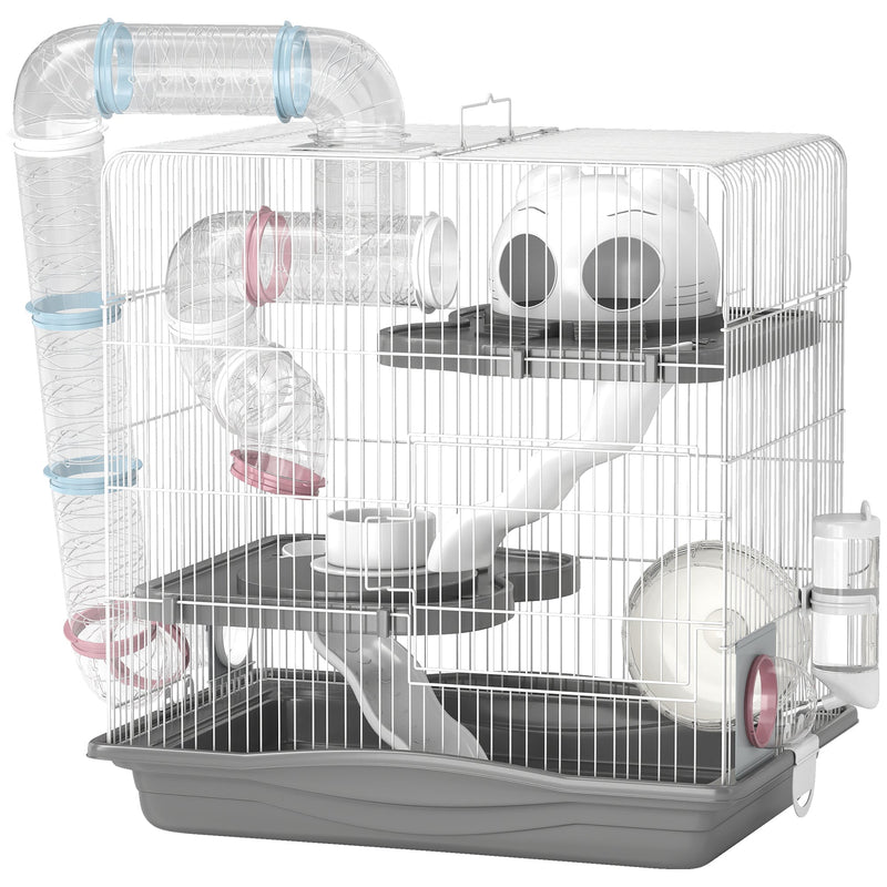 Pawhut grey 3-tier hamster cage with tunnels, hut and exercise wheel on a plain background