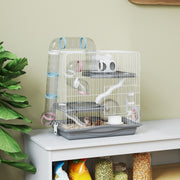 Grey 3-tier hamster cage styled on a white shelf with a potted plant