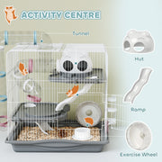 Close-up callouts of the tunnel, ramp, hut and exercise wheel accessories