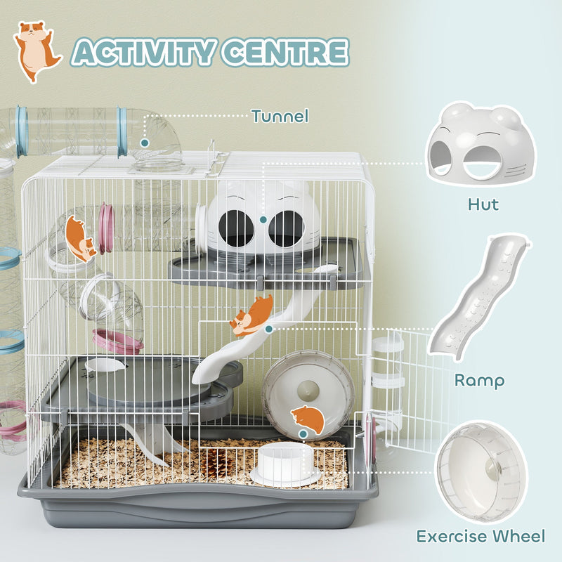 Close-up callouts of the tunnel, ramp, hut and exercise wheel accessories