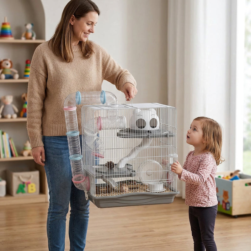 Woman and child carrying the grey hamster cage by its handle at home