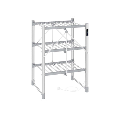 Songmics 3-tier heated clothes airer in silver, angled studio shot with control panel