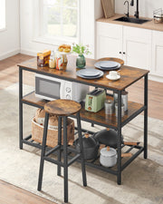 Rustic brown kitchen island with a matching round stool tucked underneath