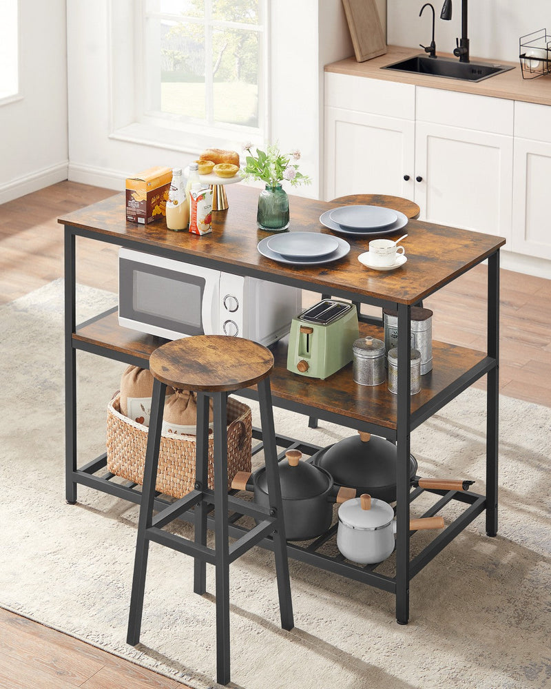 Rustic brown kitchen island with a matching round stool tucked underneath