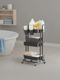 Black 3-tier mobile storage trolley with handle and rolling casters