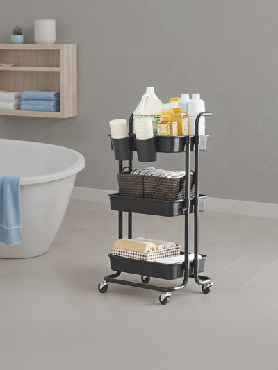 Black 3-tier mobile storage trolley with handle and rolling casters