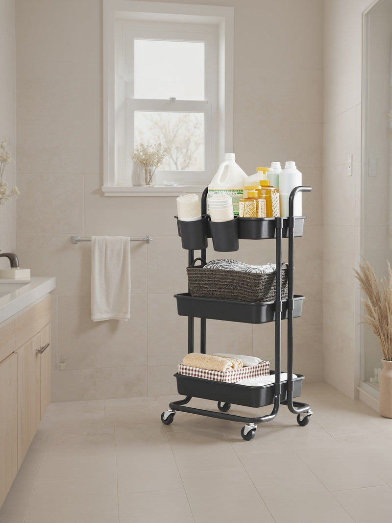 Storage trolley in a bathroom holding cleaning bottles, towels and supplies