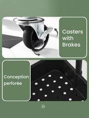 Close-up of the lockable caster wheel and perforated basket design