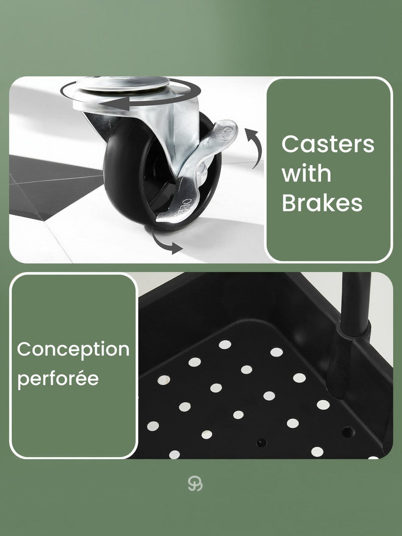 Close-up of the lockable caster wheel and perforated basket design