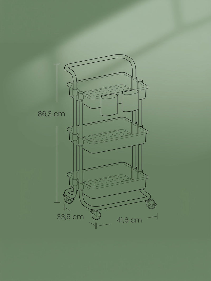 Labelled dimensions diagram of the trolley showing 41.6 x 33.5 x 86.3 cm