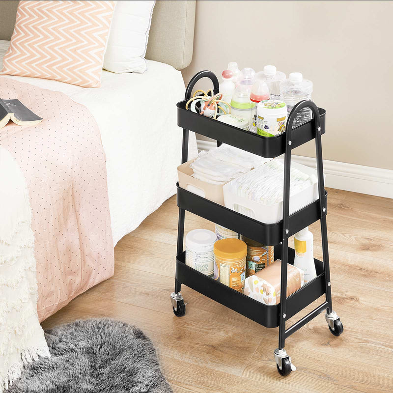 Rolling cart styled in a kitchen holding cleaning supplies