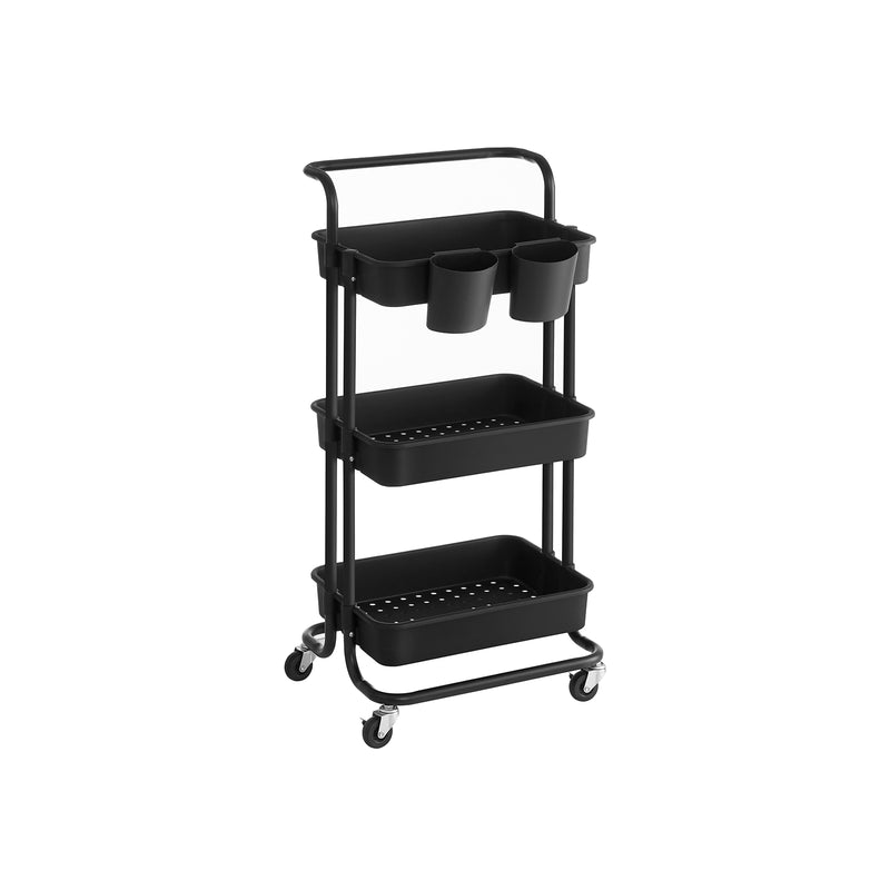 Studio shot of the black 3-tier rolling storage cart with hanging cups and castors