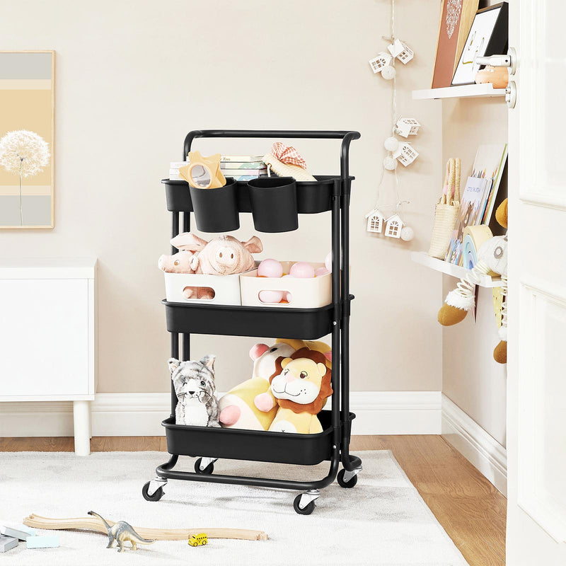 Storage cart styled in a kitchen holding jars and cooking supplies