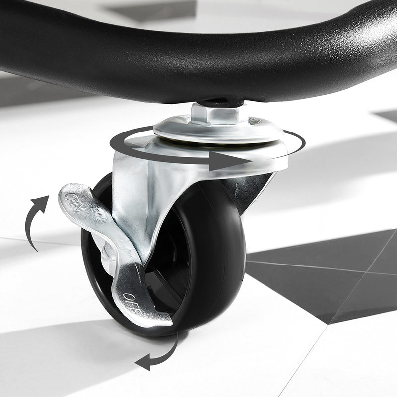 Close-up of a lockable castor wheel on the base of the cart