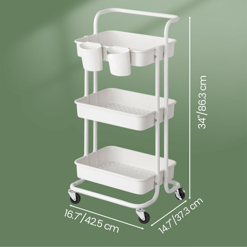 Photographic size guide for the white 3-tier trolley on a green background