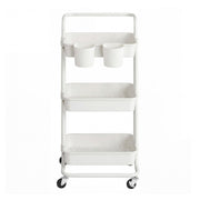 White 3-tier rolling storage trolley with push handle and 2 clip-on organisers