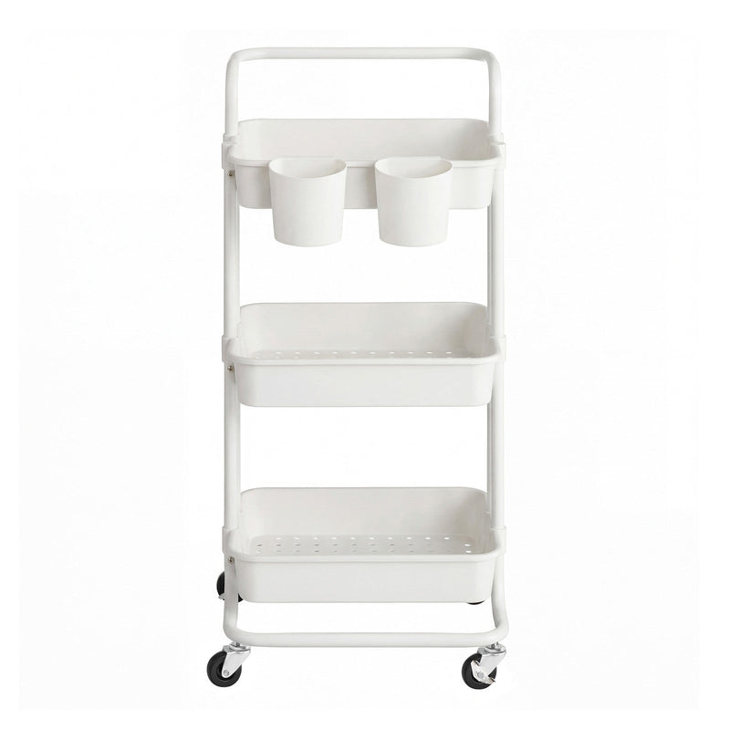 White 3-tier rolling storage trolley with push handle and 2 clip-on organisers