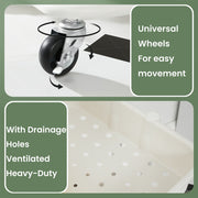 Feature panel showing the swivel castor and the vented drainage holes in the basket base